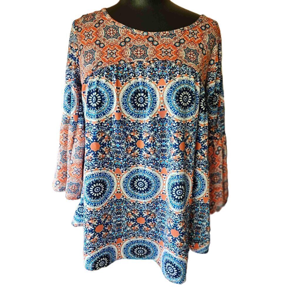 New Directions Blue Pattern Tunic Blouse Petite Small